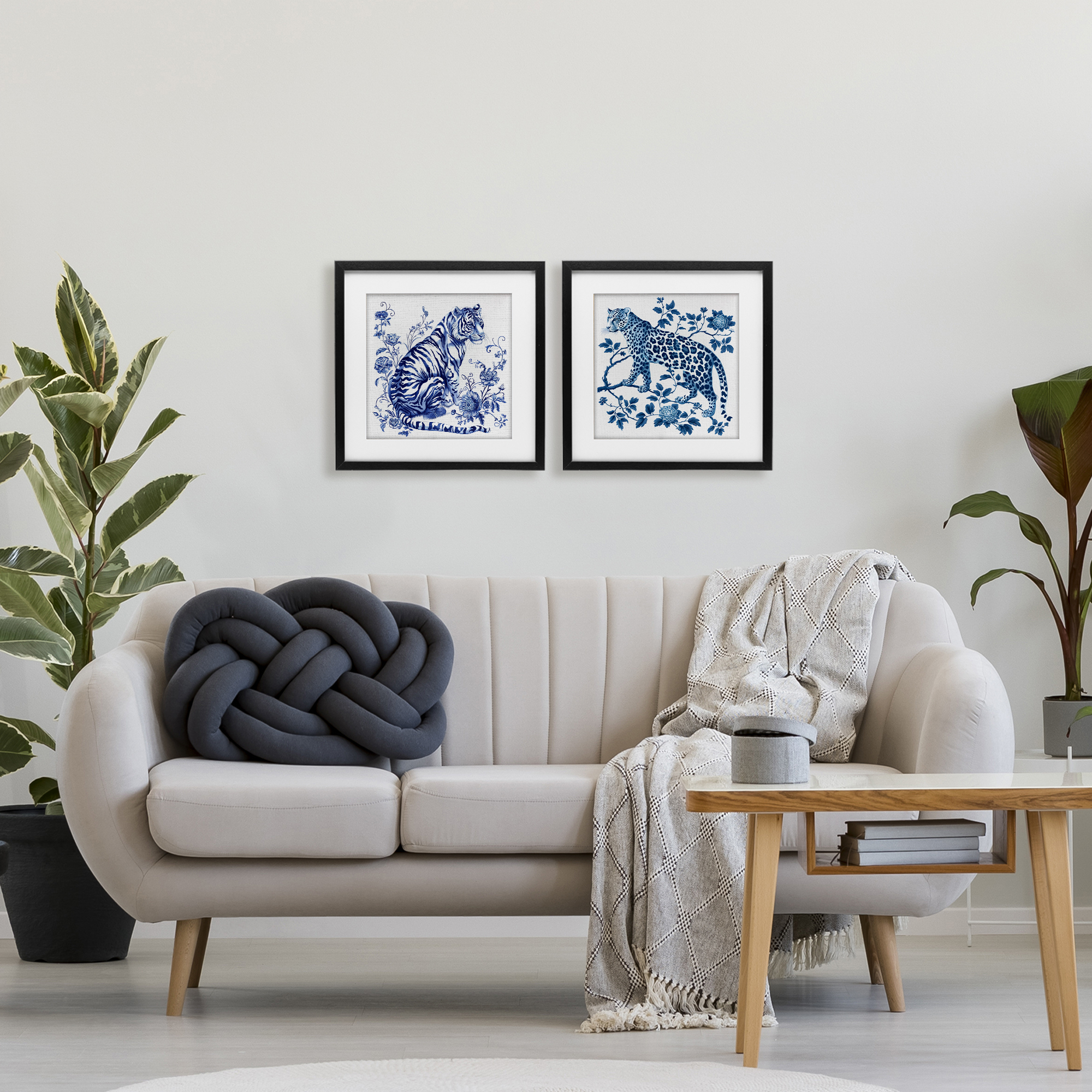 Ornate & Detailed Large Cats 2 Piece Black Framed Print Under Glass Set, design by Lettered and Lined