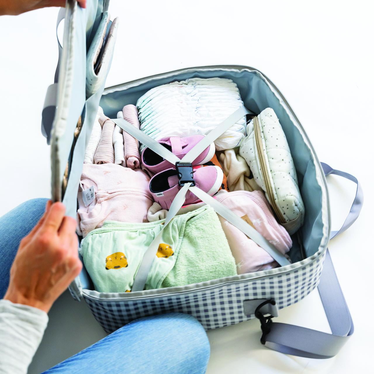 SARO Toddler Weekender Travel Bag - Gray Vichy with Pockets & Adjustable Strap