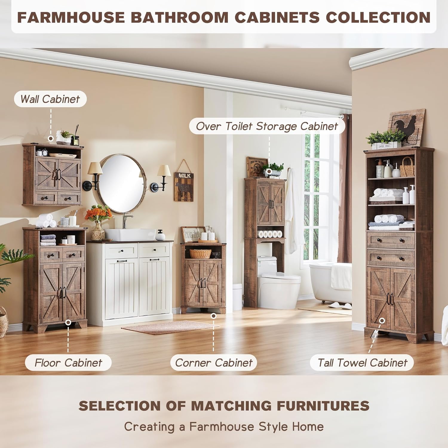 ZYPPP Bathroom Wall Cabinet, Farmhouse 24" Wide Medicine Cabinet with Drawer, Adjustable Shelf, Double Barn Doors, Storage Cabinets for Bathroom, Kitchen, Living Room, Rustic Brown