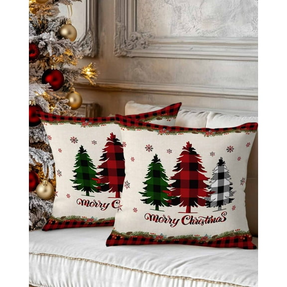 Christmas Decorative Throw Pillow Covers 16x16 Inch Set of 2 Pine Tree Holly Pillow Cases for Couch, Snowflake Xmas Buffalo Plaid Check Cushion Case for Living Room Bedroom Bed Car Chair