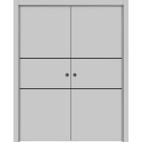 Sliding French Double Pocket Doors 36 x 80 inches | Planum 0014 Grey Ash with Frosted Glass | Kit Trims Rail Hardware | Solid Wood Interior Bedroom Sturdy Doors