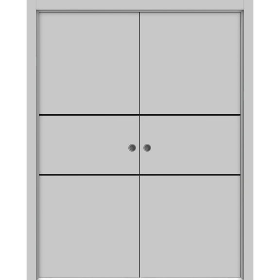 Sliding French Double Pocket Doors 36 x 80 inches | Planum 0014 Grey Ash with Frosted Glass | Kit Trims Rail Hardware | Solid Wood Interior Bedroom Sturdy Doors