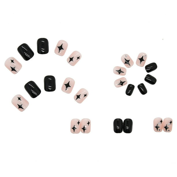 24 Uds. Uñas postizas de estrellas negras, estilo dulce para niñas, uñas cortas a presión, uñas terminadas usables