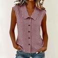 thumbnail image 3 of Women's Summer Gingham Sleeveless Button Down Shirt Office Collared Blouses with Pleated Front Casual Basic Tank Tops Beach Vacation Clothes, Wine M, 3 of 8