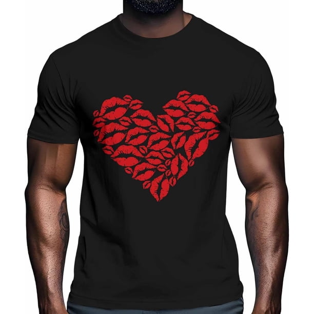 T-Shirts for Men, Valentine's Day Red Lip Prints Crew Neck Cotton T-Shirt Men's Short Sleeve Romantic Kisses Heart