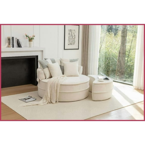 Extra-Spacious Chenille Round Accent Chair with Ottoman & 5 Pillows – Soft Upholstered Lounge for Living Room Bedroom