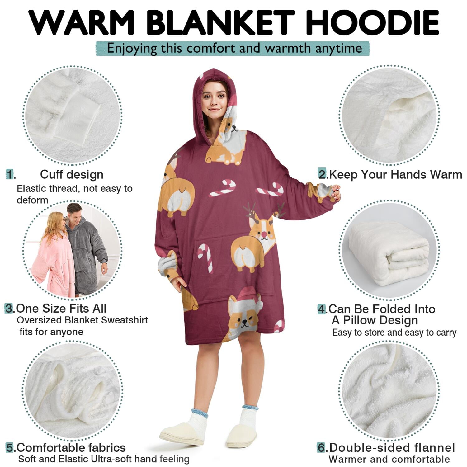 Christmas Corgi Wearable Oversized Blanket,Wearable Blanket Hoodie for Adults,Cozy Hooded Blankets with Super Pockets,Super Warm Fuzzy Pullover for Women & Men