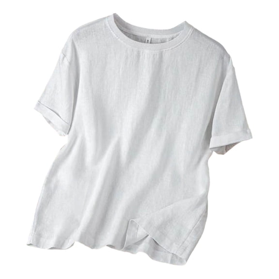 LEKWK Linen Mens Cotton T Shirts Soft Loose Fit Crew Neck Plain Tshirts Rolled Cuff Summer Shirts Solid Texture Casual Daily Breathable Lightweight