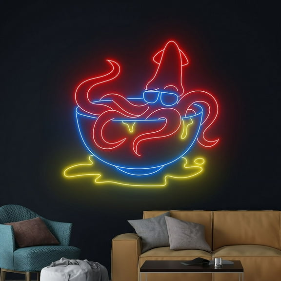 Handmadetneonsign Squid Bowl Neon Sign, Sea Food Neon Led Wall Art Decor, Squid Octopus Wall Decor