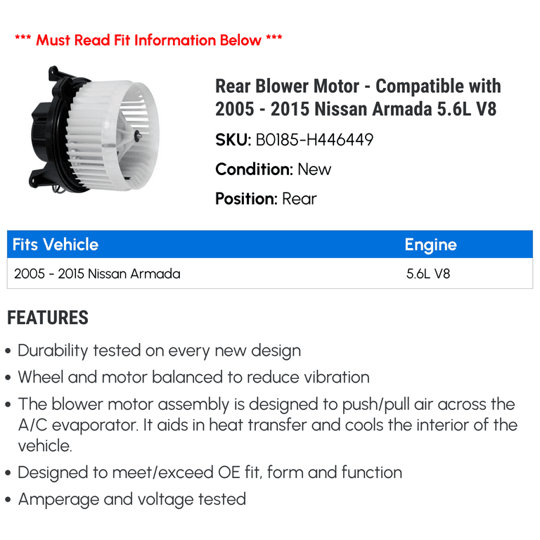 Rear Blower Motor Compatible with 2005 2015 Nissan Armada 5.6L