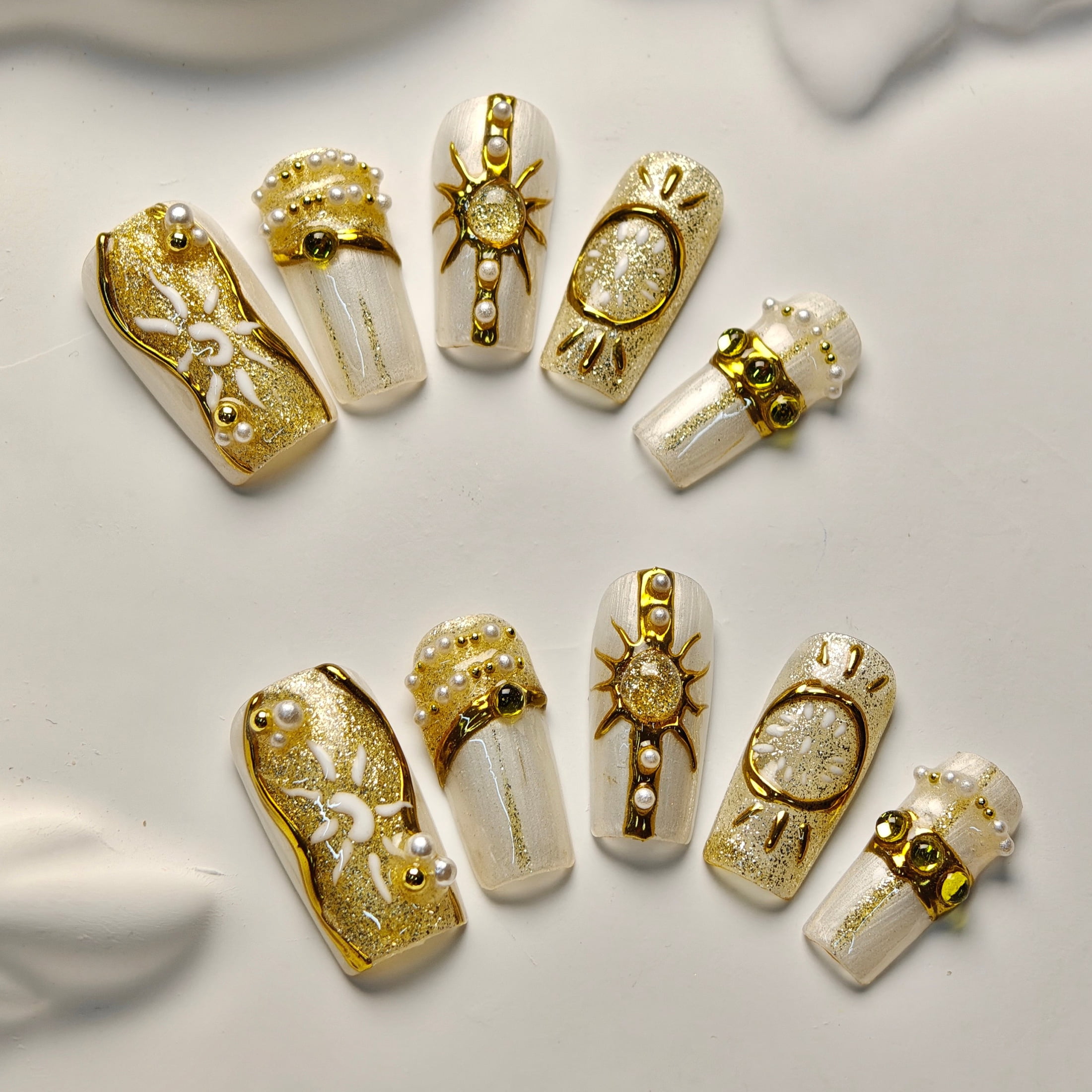 10pcs Square Medium Handmade Y2K Nails – White & Gold, Hand Drawn Sun & Moon Patterns, 3D Pearls & Gems, Summer Independence Day Press On Nails for Women