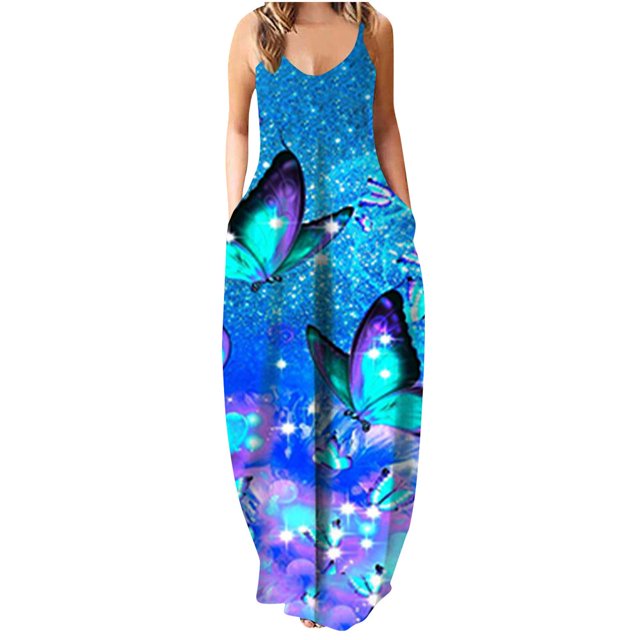 Femmes Été Robe Décontractée Sans Manches Grande Taille Boho Longue Robe Maxi avec Poches Robe de Plage