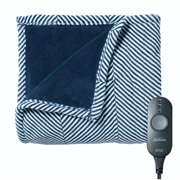 Sunbeam Microplush Electric Heated Throw Blanket Navy Blue Herringbone