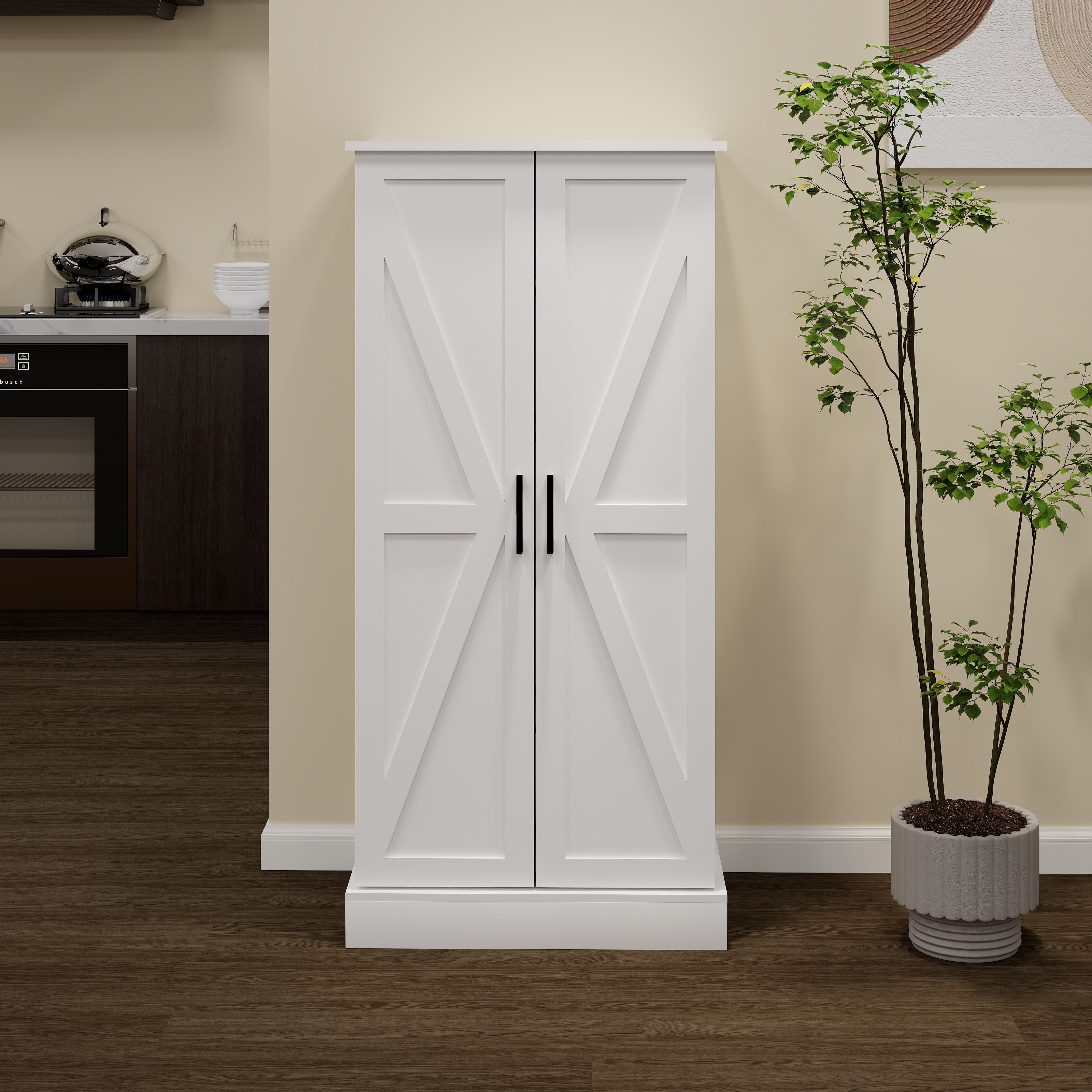 Pantry Cabinet, UHOMEPRO Kitchen Storage Cabinet with LED Light & Adjustable Shelves, 2 Barn Doors & 10 Door Shelves, Farmhouse Freestanding Food Pantry Cupboard for Dining Room Entryway, White