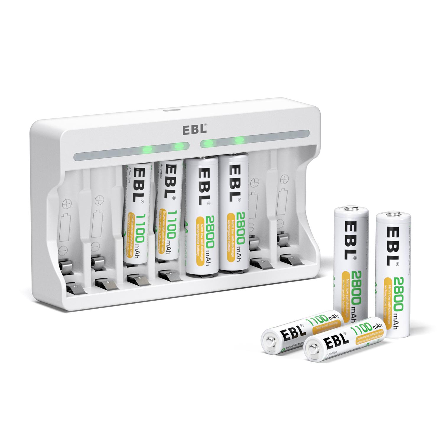 EBL (4 Pack) Rechargeable AA Batteries 2800mAh and (4 Pack) AAA Ni-MH 1100mAh Rechargeable Batteries with 8-Bay Individual Battery Charger
