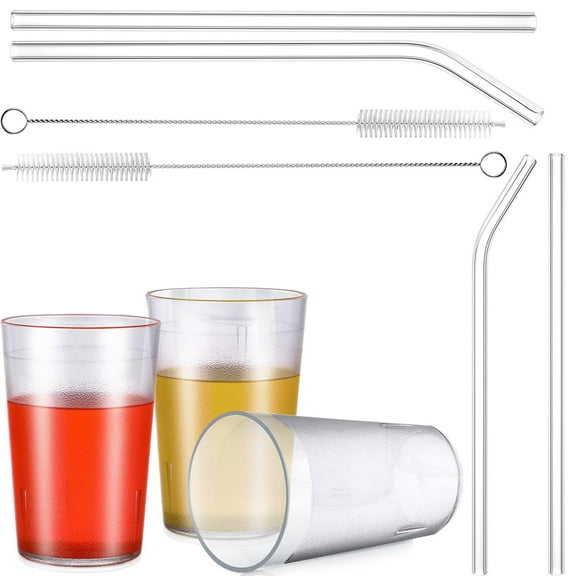 3 Pack 8oz Reusable Plastic Tumblers Cups with Glass Straws, Stackable Beverage Cups Plastic Drinking Glasses,Anti Slip Break Resistant Water Glass for Kitchen Cafe Bar Party(Clear)