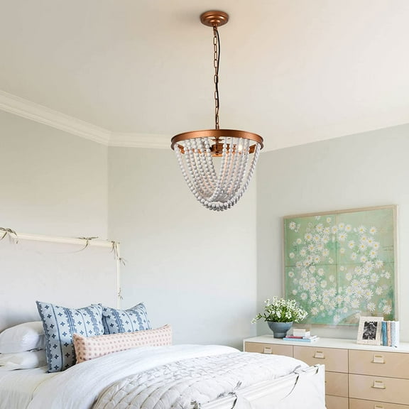 Fichiouy White 3 Light Wood Bead Farmhouse Chandelier Not Included Bulbs