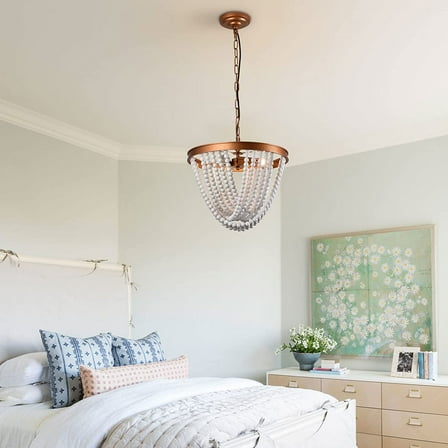 Fichiouy White 3 Light Wood Bead Farmhouse Chandelier Not Included Bulbs