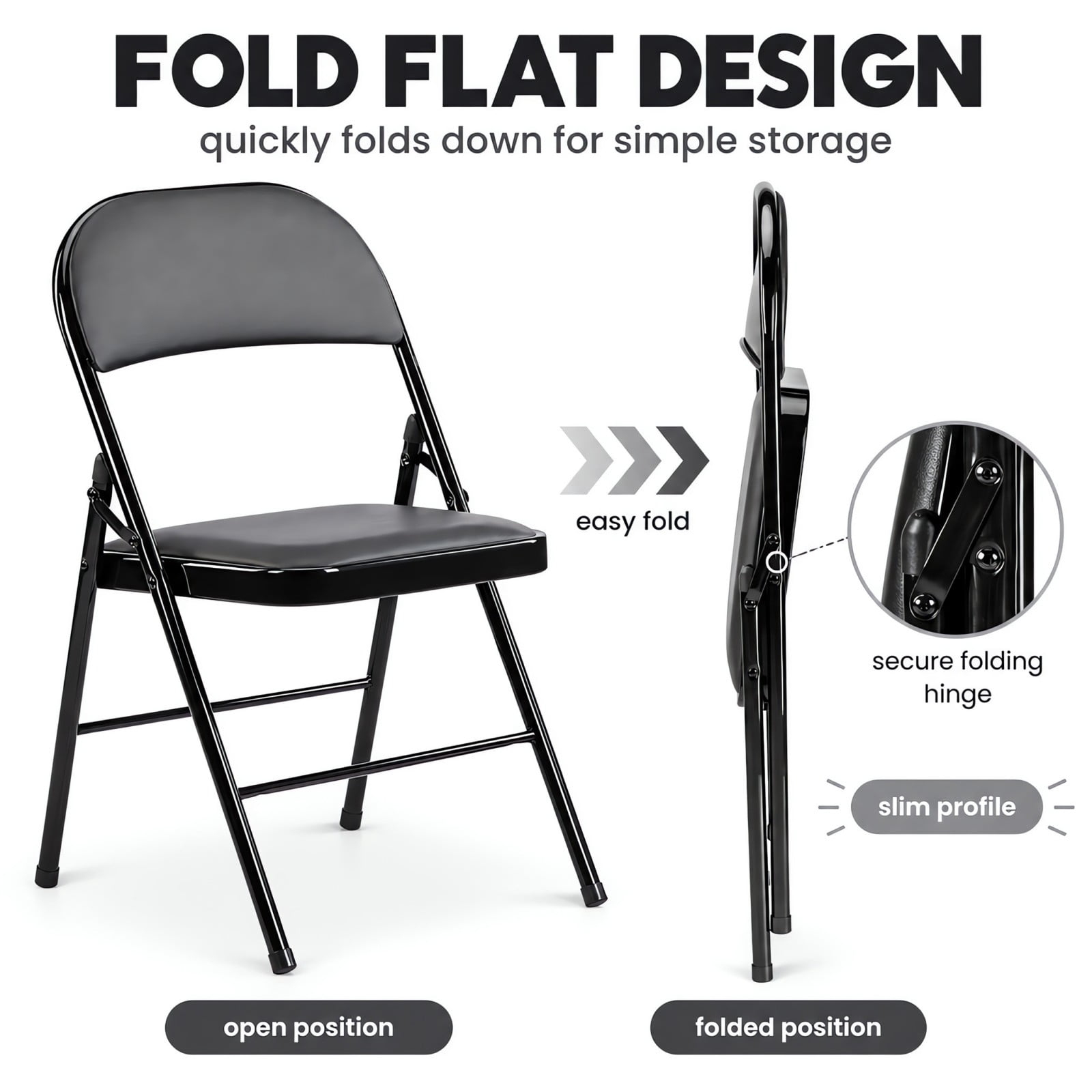 Telyra 4 Pack Folding Chairs Leather Padded Seat and Backrest Foldable Metal Chairs for Indoor Outdoor Use,Black