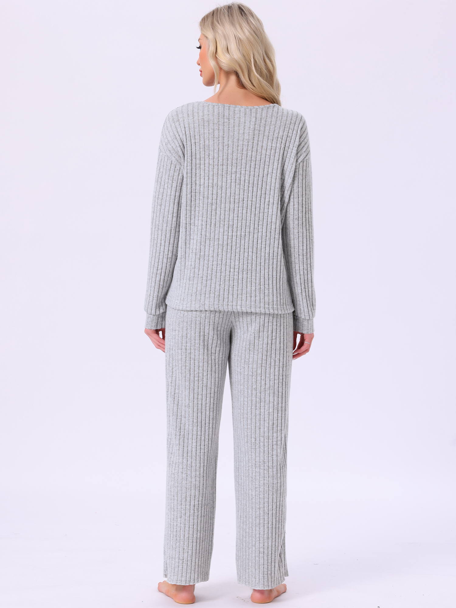 DARING DIVA Ribbed Knit Pajama 2 Piece Long Sleeve Top Pants Sleepwear S Light Grey
