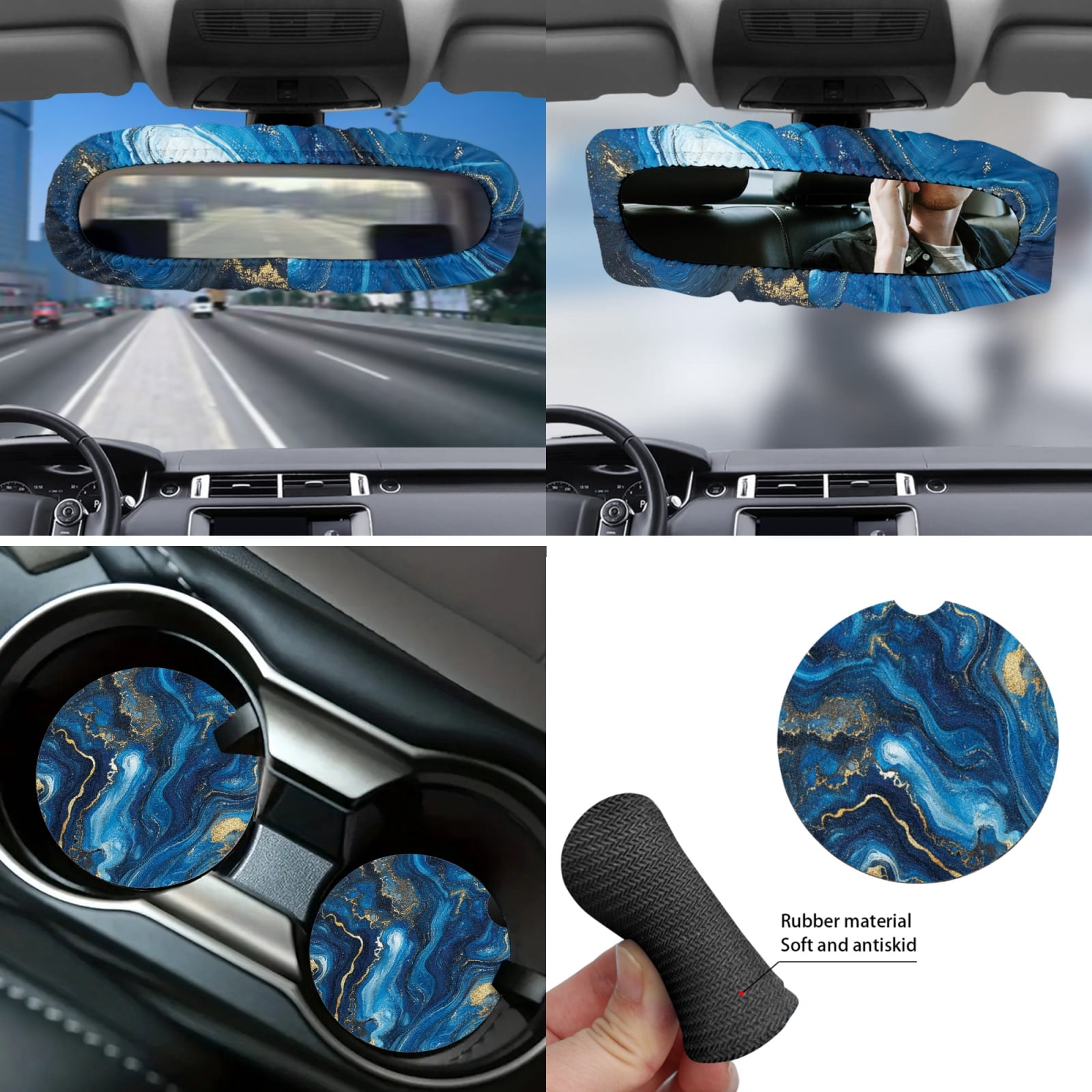 Yuyamidu Blue Marble Print Car Seat Cover Full Set of 14 Fashion Auto Steering Wheel Cover Seatbelt Pads Armrest Cushion Trash Can Rearview Mirror Cover Handbrake Cover Set Coasters