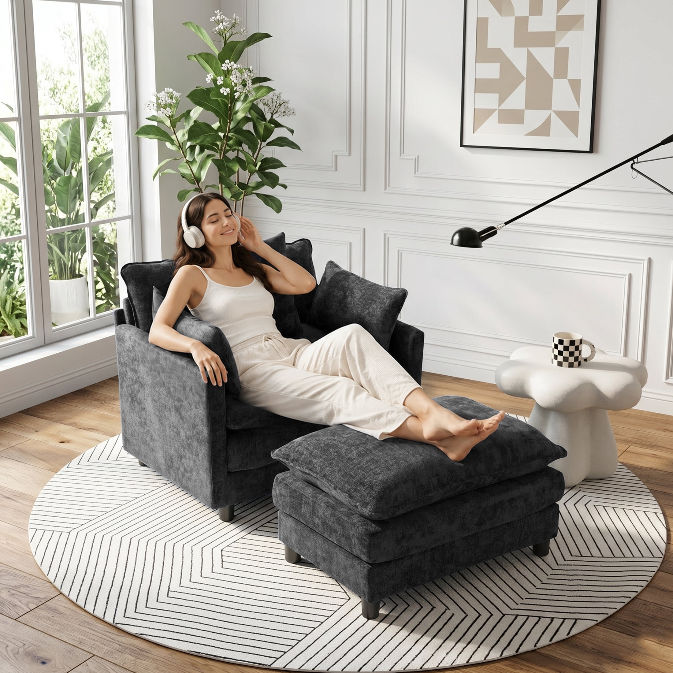 AISWORD Oversized Modular Sectional Sofa with Ottoman, Upholstered Deep Seat Chaise Lounge with Pillows for Living Room, Black