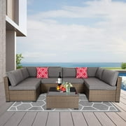 Kinbor 7pcs Outdoor Patio Furniture Set Wicker Sectional Sofa with Gray Cushions