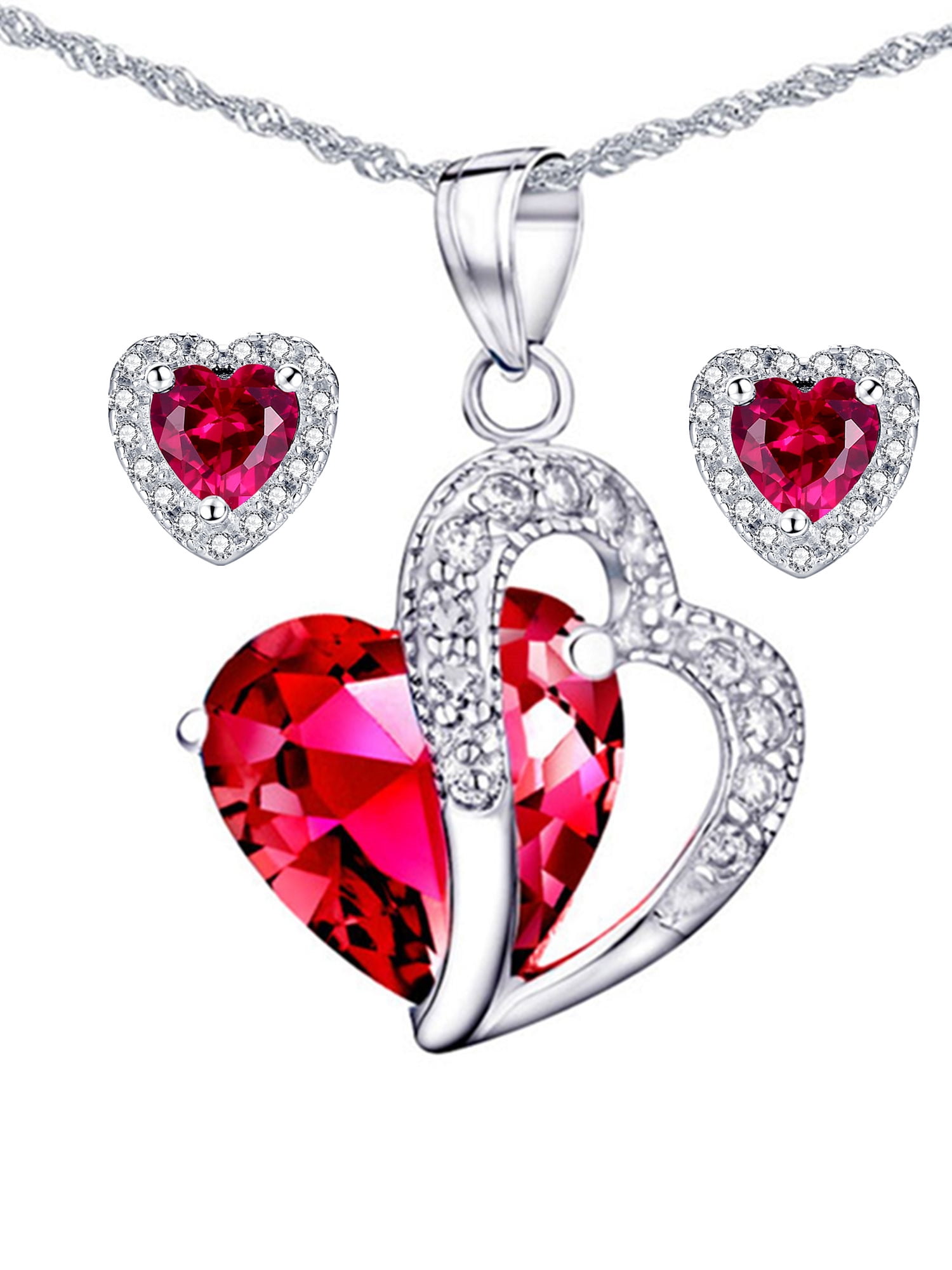 Craft On Jewelry Double Heart Simulated Ruby Pendant Necklace Her 14k Gold Plated