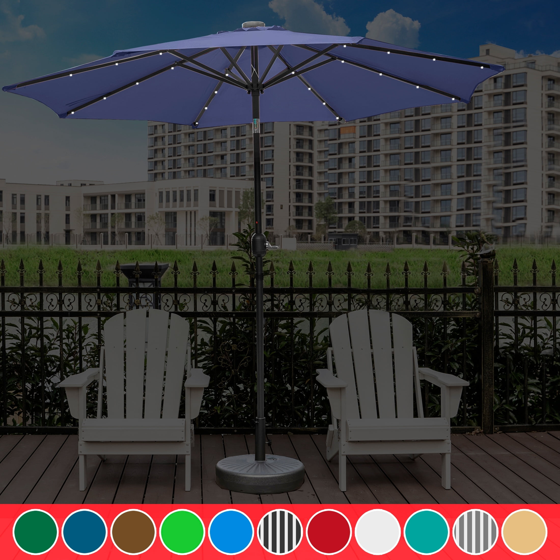 9 Ft. Solar Lighted Patio Umbrella with Base Included Navy Blue