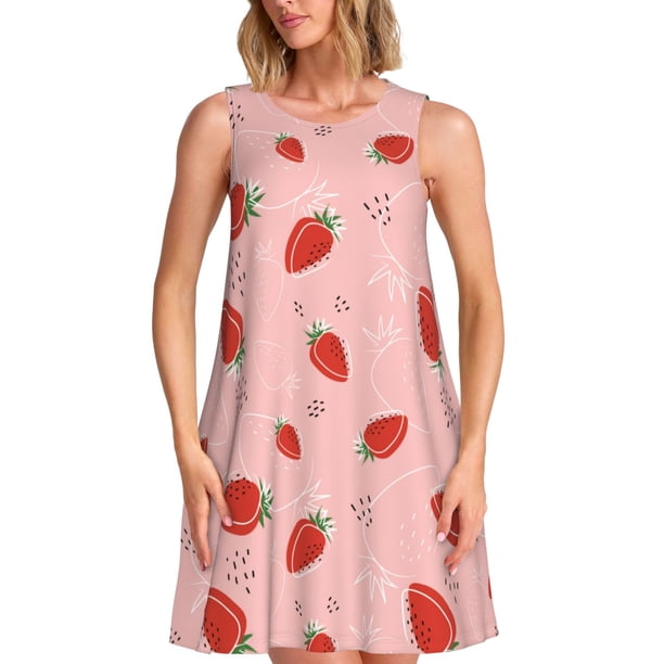 Fotbe Cute Strawberry C Vestido de Verano sin Mangas para Mujer – Vestido Midi Línea A, Estilo Camiseta Floral, Vestido Playero Casual y Fluido