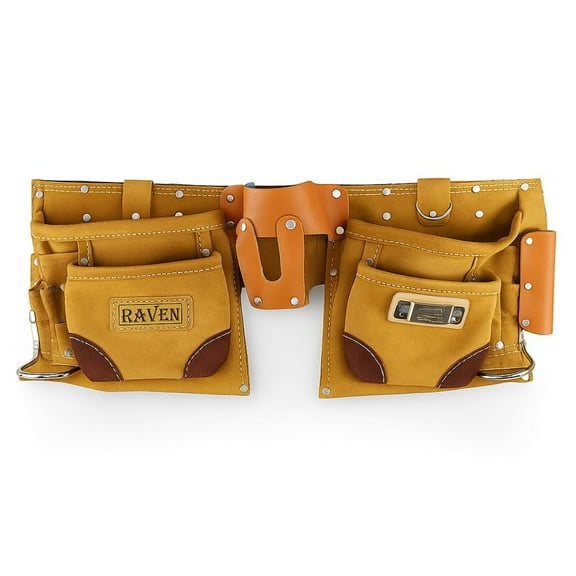 RAVEN Wheat Suede Tool Pouch Belt  11 Multifunctional Pockets  2" Wide Adjustable Nylon Belt  30" - 46" Waist Fit  Dual Nickel-Plated Hammer Holders  Quick-Release Buckle