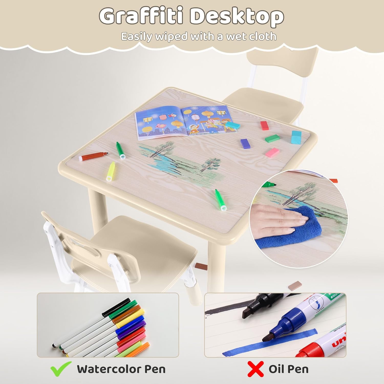 DOREROOM  Kids 3-Piece Multifunction Activity Table and Chair Set, Off-White