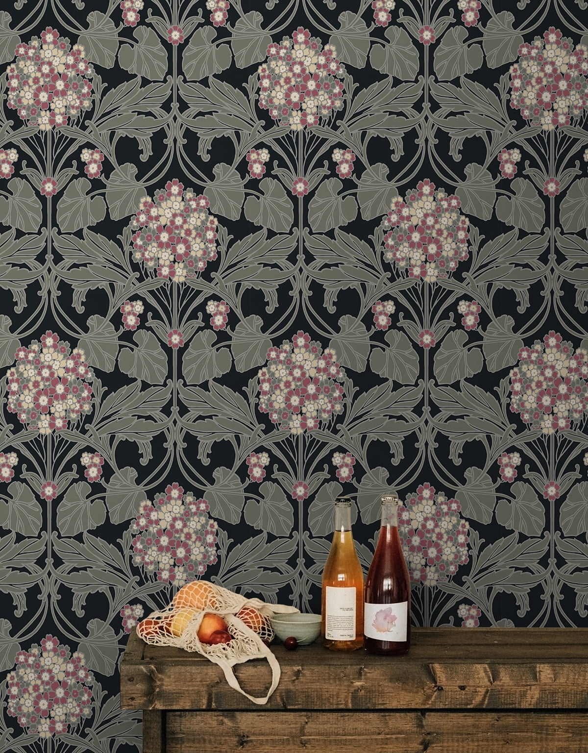 NextWall Black & Rosewood Hydrangea Floral Peel and Stick Wallpaper - 20.9 in. W x 18 ft. L Roll