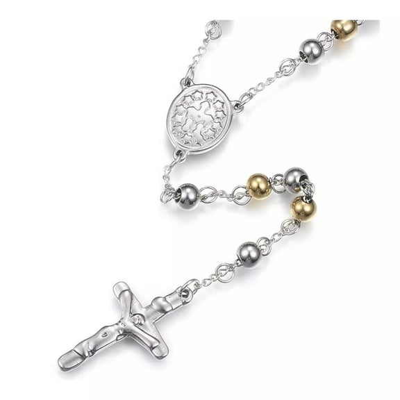 Stainless Steel Rosary Necklace Cross Pendant Lobster Silver 28Inches 71Cm Z648