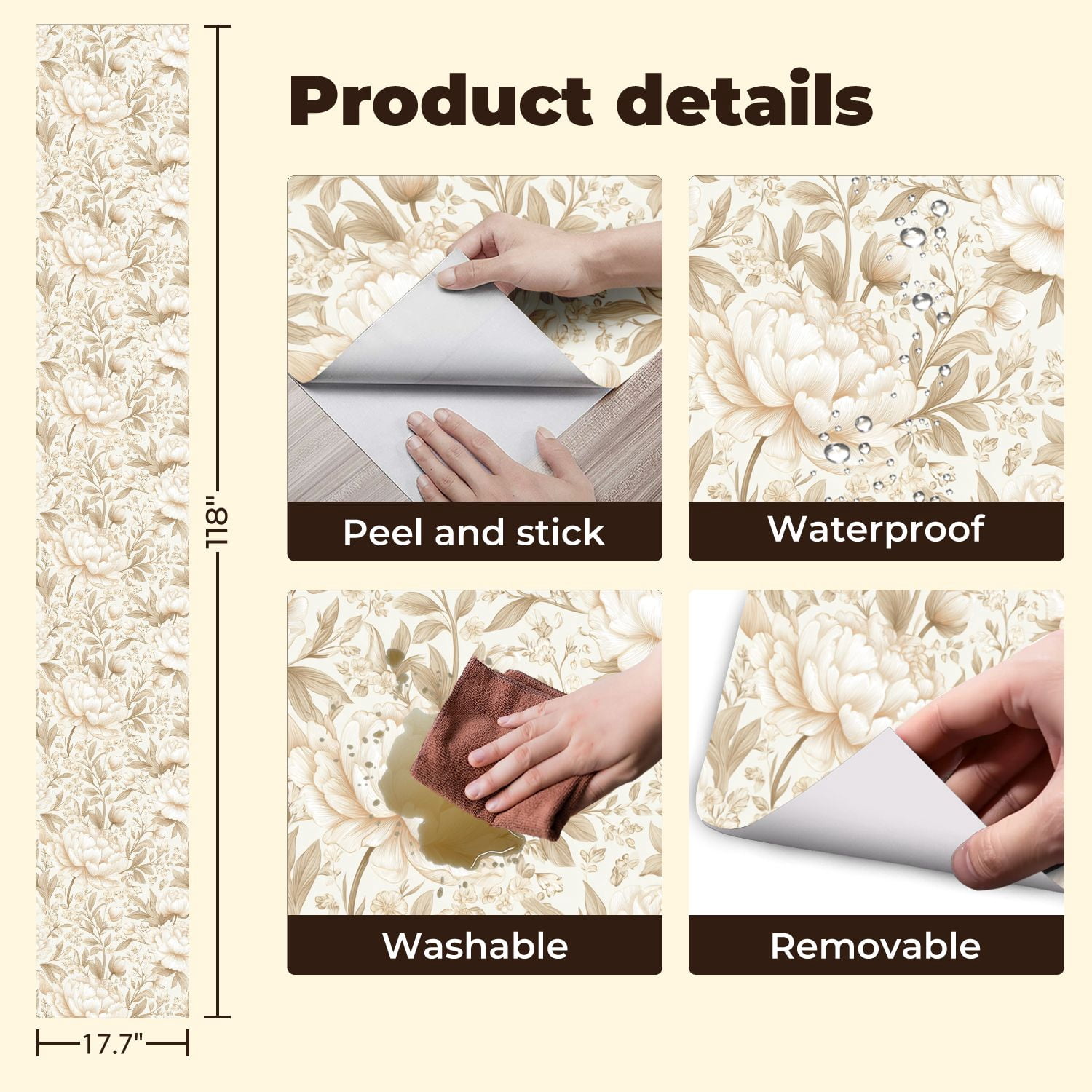 Vintage Peel and Stick Wallpaper Elegant Floral Peonies Blossoms Soft Beige Tones Wall Mural 17.7in x 9.8ft Self Adhesive Removable Wall Paper Renter Friendly Wallpaper for Nursery Bedroom Cabinets