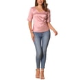 thumbnail image 2 of Blusa de satén INSPIRE CHIC para mujer, con cuello en V, mangas cortas, fruncido y lazo en la parte posterior, tops casuales de oficina M Rosa, 2 of 5