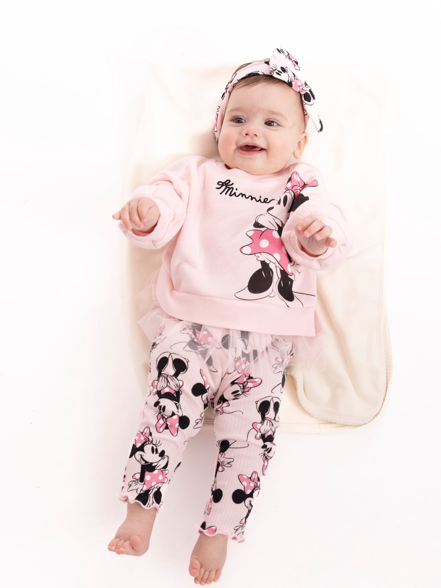 Disney Minnie Mouse Baby Girls Graphic Tulle Sweatshirt and Printed Leggings with Bow Headband Set, 3-Piece, Sizes 0/3M-24M