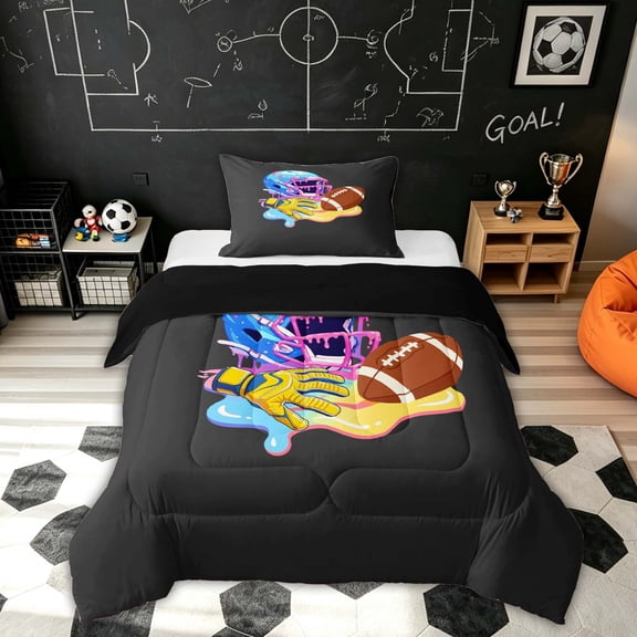 Feelyou Ice Cream Football Twin Comforter Sets for Kids, Conut Drip Helmet Sport Bedding Set, Black Reversible, 2pcs, 1 Comforter and 1 Pillowcase