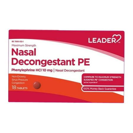 Pe Nasal Decongestant - Leader Nasal Decongestant PE Phenylephrine HCL 10mg Nasal Decongestant Tablets, 18 Ea