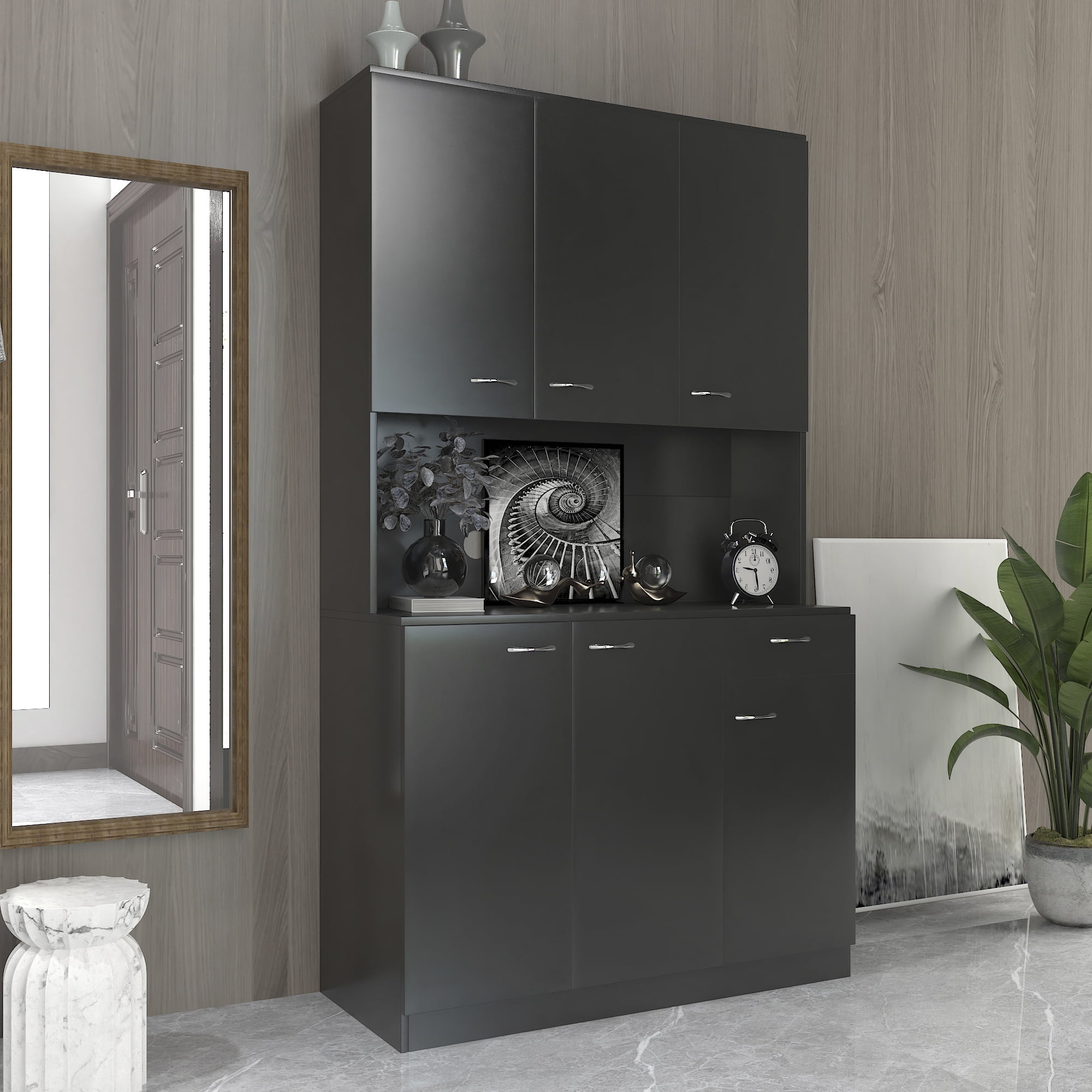 Mintazer 70.8" Tall Kitchen Pantry Cabinet with Open Shelf, Freestanding Food Storage Cabinet with Drawer & 6 Doors for Hallway Living Room Kitchen, Black