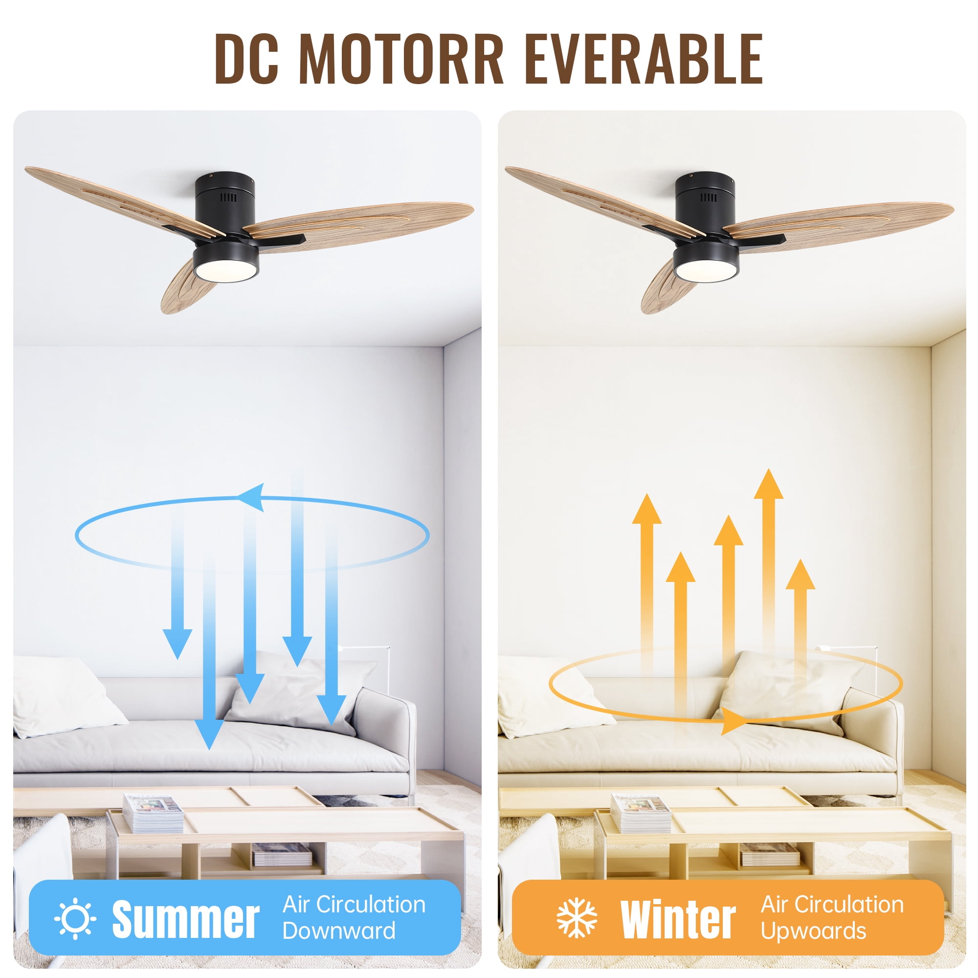 Sofucor 52 Inch Ceiling Fan with Light and Remote Control, 3 Solid Wood Blades Reversible DC Motor Black for Living Room
