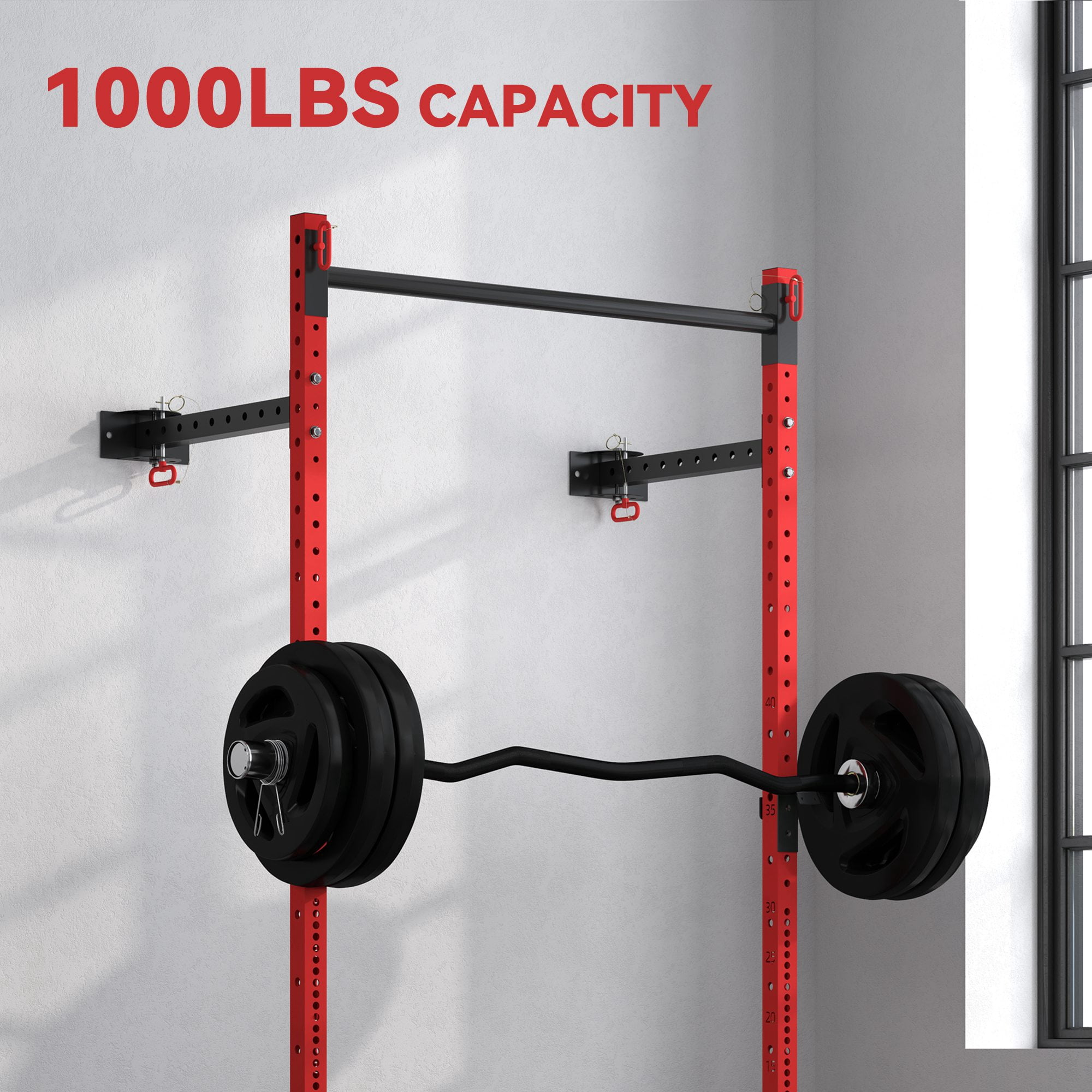 Soozier Folding Squat Rack with Pull Up Bar, Wall Mounted, 1000 Pounds Capacity Power Rack, Red