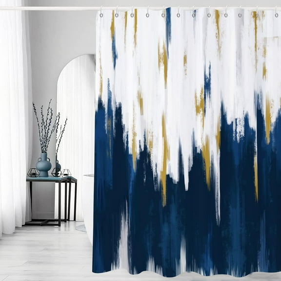 Navy Blue Shower Curtain, Navy White Gold Brush Strokes Graffiti Oil Painting Modern Art Abstract Bathroom Curtain Waterproof Fabric Machine Washable with Hooks, 84" Wx72 L
