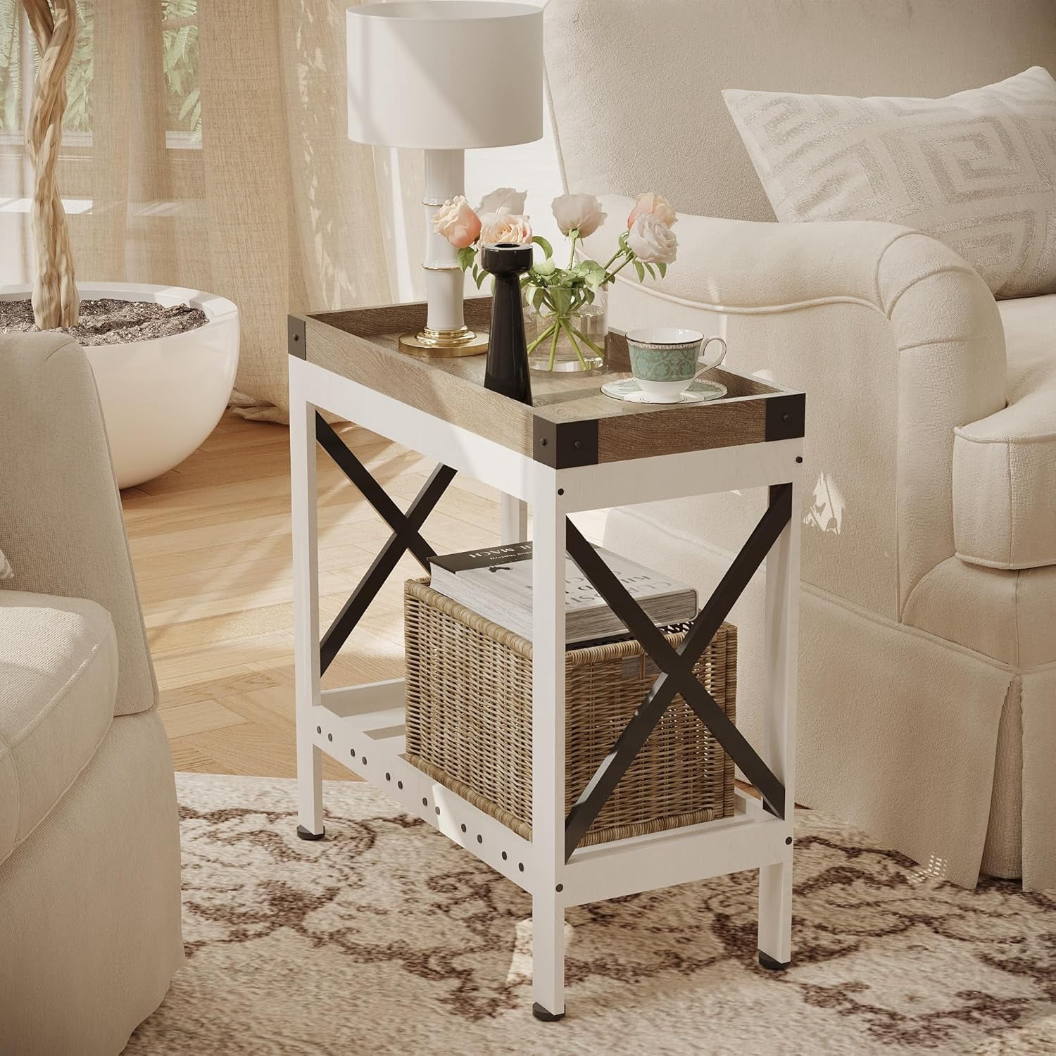ZEXVIDA Narrow Side Table, End Table,Sofa Side Table, End Table Nightstand for Bedroom, Living Room, Small Spaces with 2 USB and 2 Power Outlets(with Outlets, White)