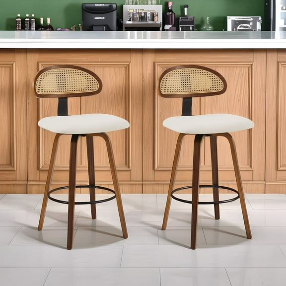 360° Swivel Rattan Bar Stools Set of 2, Counter Height Modern Kitchen Island Stools With Footrest, Uphostered Cushion, Comfortable Durable, White