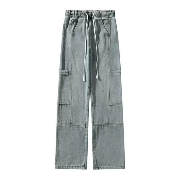 QHFBli Elastic Waist Jeans for Men Baggy Loose Fit Drawstring Denim Pants Y2k Hop Seam Wide Leg Pull On Jeans