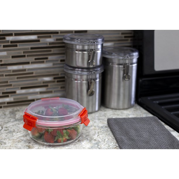 HB 32 Oz. Round Borosilicate Glass Food Storage Container, Red