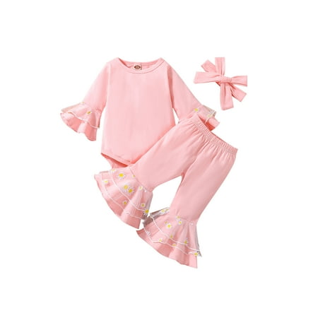 

Infant Baby Girls Autumn Outfits Daisy Flare Long Sleeve Romper+Ruffle Wide Leg Pant+Headband