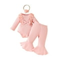 thumbnail image 1 of Sunnyoo Infant Girl's Outfits Flower Ruffle Ribbed Bowknot Romper Flared Pants Headband Set, 1 of 6