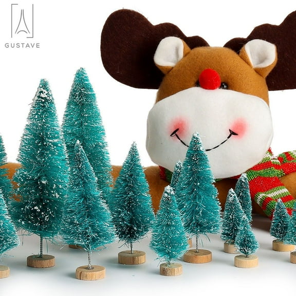 Gustave 25PCS Mini Christmas Trees Artificial Pine Trees with Wood Base Desktop Decor Xmas Party Ornament Holiday Decoration